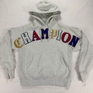Champion Reverse Weave Mens Small Grey‎ Hoodie Pullover Chenille Logo Sweatshirt